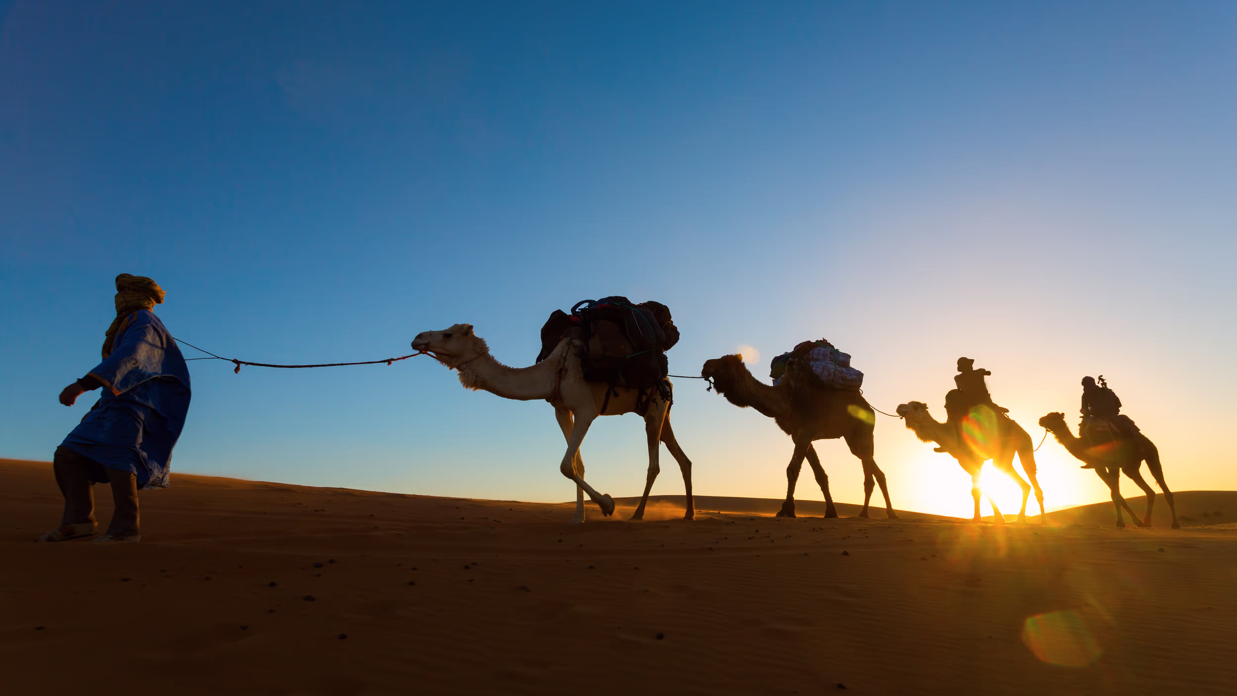Vista panorámica de una caravana de camellos cruzando el desierto del Sahara